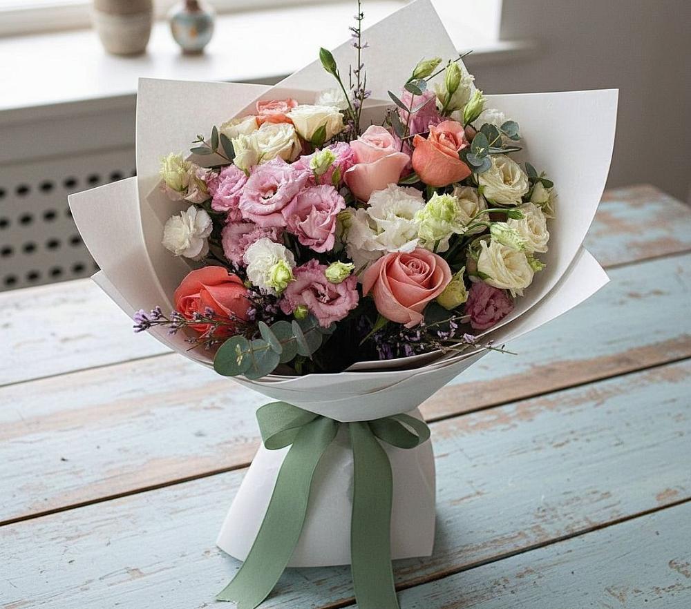 Букет цветов из: Розы, Лизиантусы и Гвоздики в Усть-Куломе