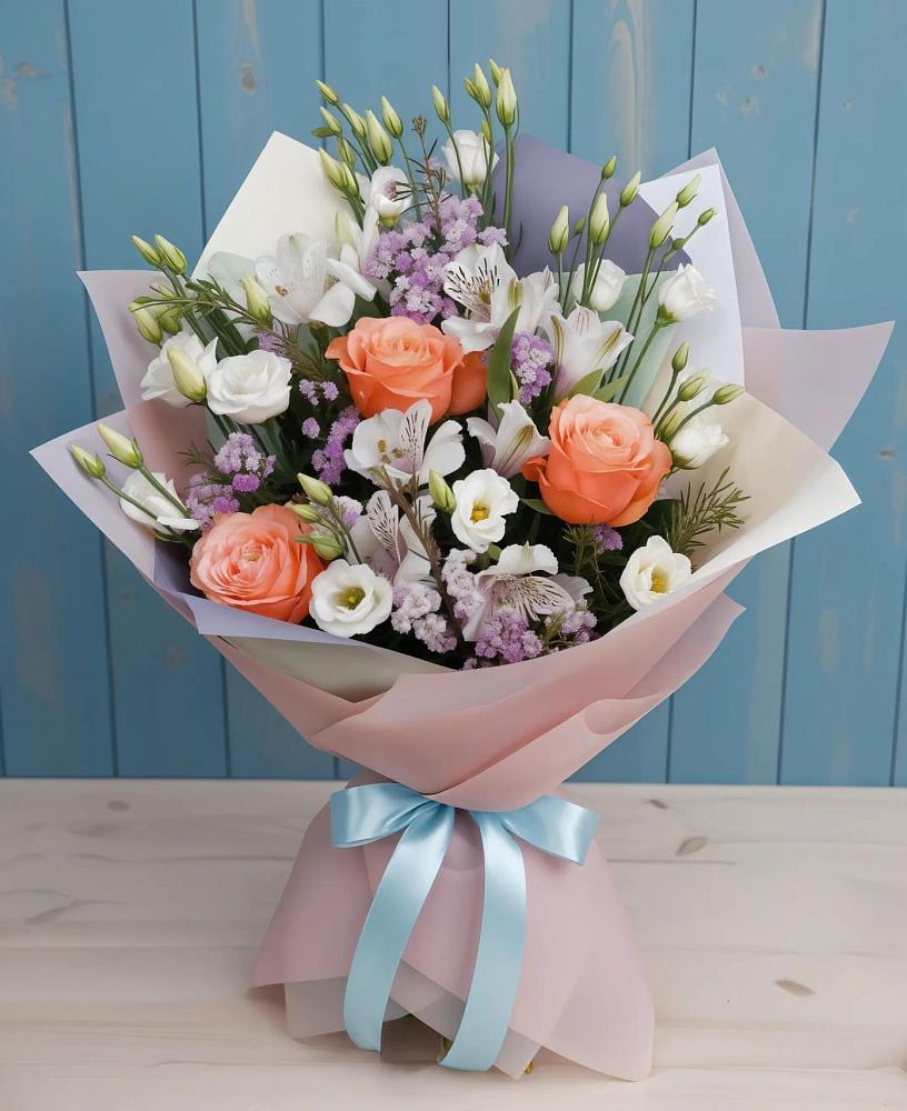 Букет цветов из: Лизиантусы, Розы, Альстромерии и Гипсофила в Усть-Куломе